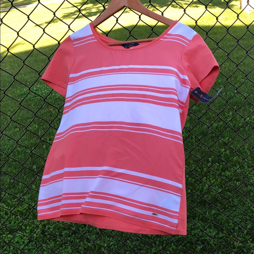 Tommy Hilfiger Women’s Coral/White Striped Top Short Sleeve Size M NWT #1263